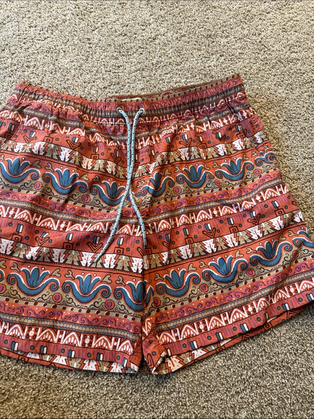 JCrew  Rust Orange Patterned Drawstring swim Shorts with pockets unlined size L